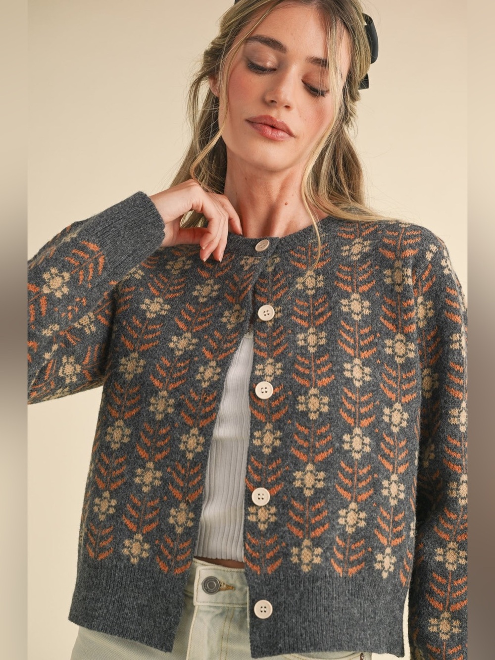 &MERCI EN MERCI GREY ORANGE TAN JACQUARD PRINT WARM WINTER CARDIGAN SZ S